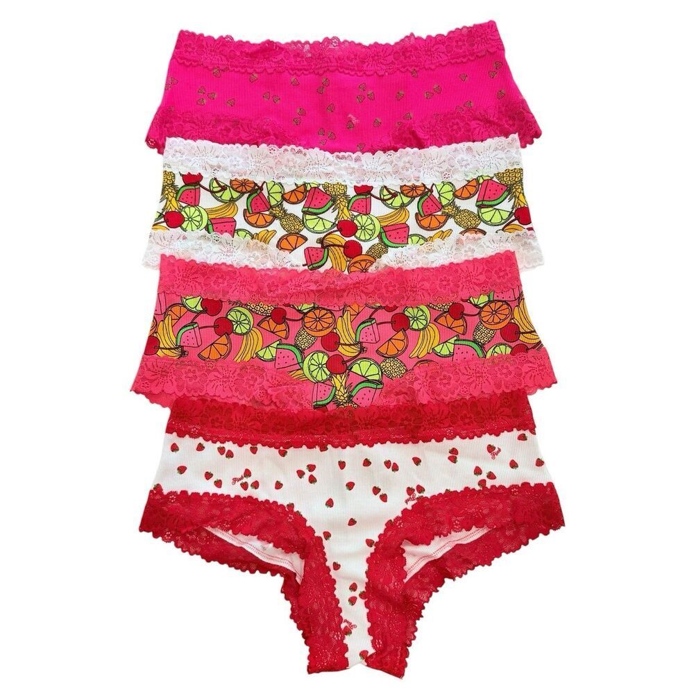 Victoria's Secret PINK Cheeky Lace Panties Medium LOT OF 4 Strawberry Fruit Set